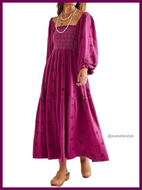 Dresses & Skirts - Cotton Floral Embroidered Boho Midi Dress with Pockets